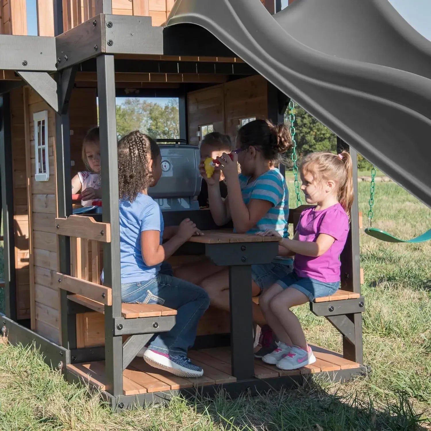 Clubhouse, Play Kitchen, Picnic Area, Belt Swings, Web Swing, Rock Wall,