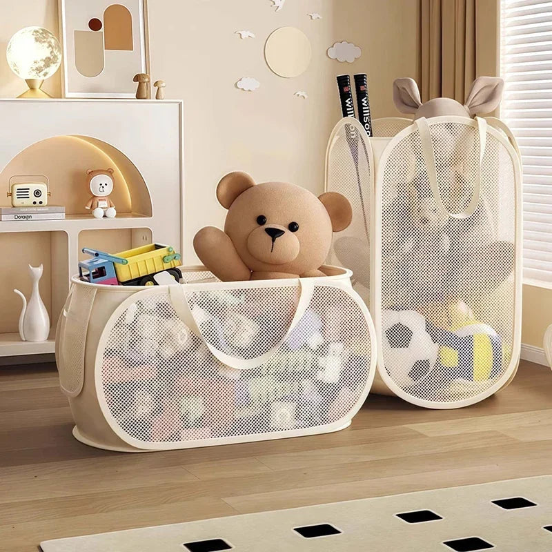 Foldable Mesh Toy Storage Basket, Large Breathable Mesh Laundry Hamper with Handles, Vertical & Horizontal Dual Styles Kids Toy